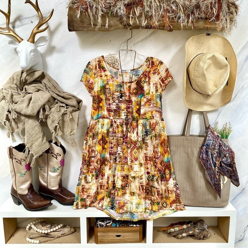 Multicolor AZTEC boho tunic/mini Dress w southwestern hippy vibe